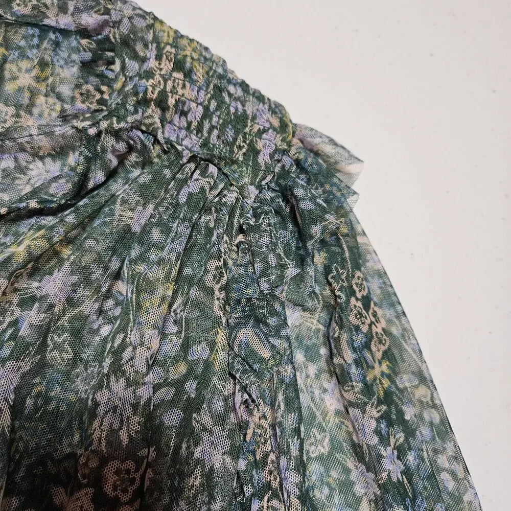 Free People Twyla Floral Sheer Blouse Women XS Ruffled Smocked Green Cottagecore